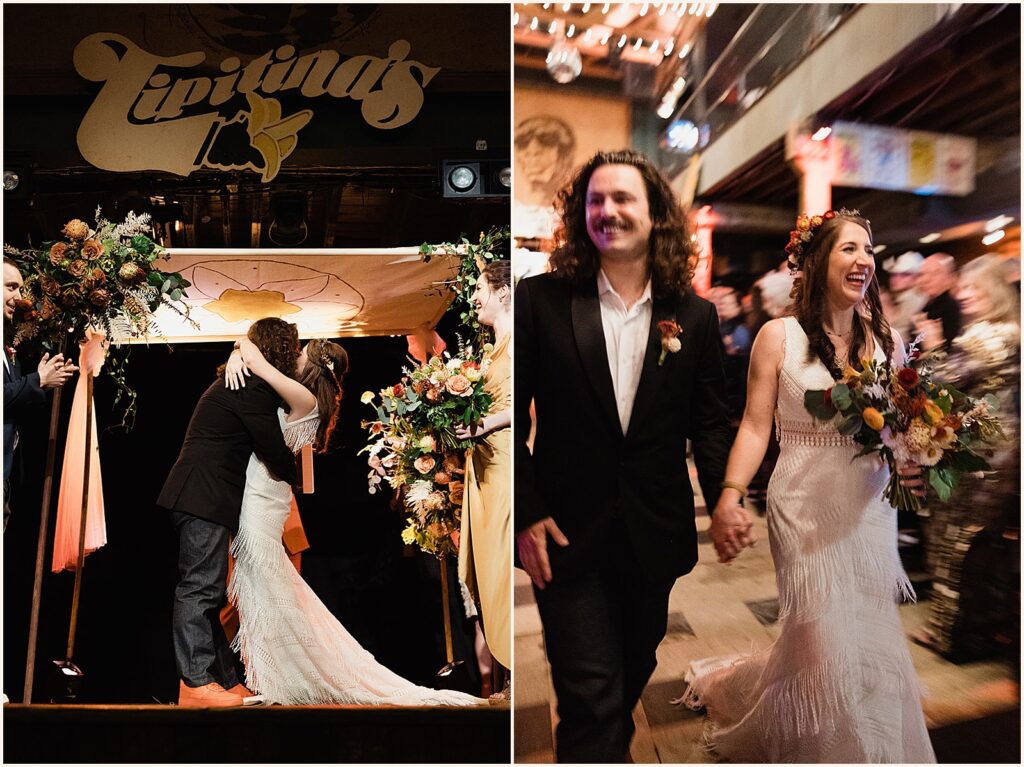 A bride and groom share their first kiss under the sign for Tipitina's New Orleans.