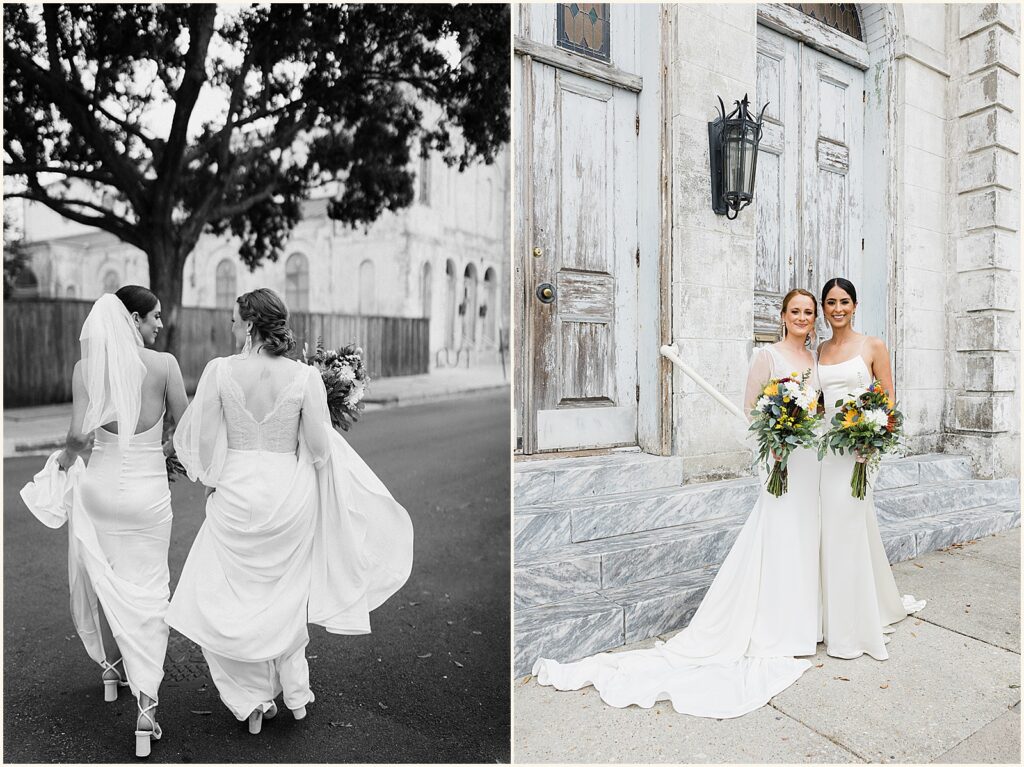 Two brides pose for a New Orleans wedding photographer in front of the Marigny Opera House.