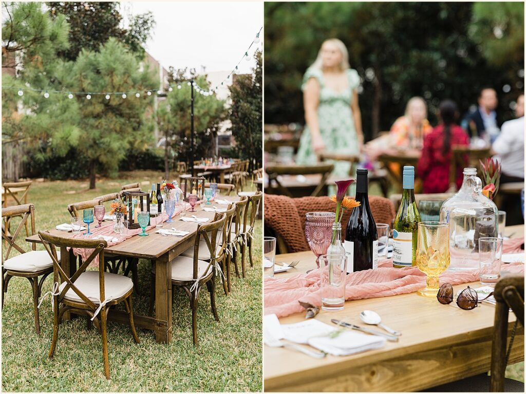 Colorful goblets sit on a wedding reception table at the Pitot House.