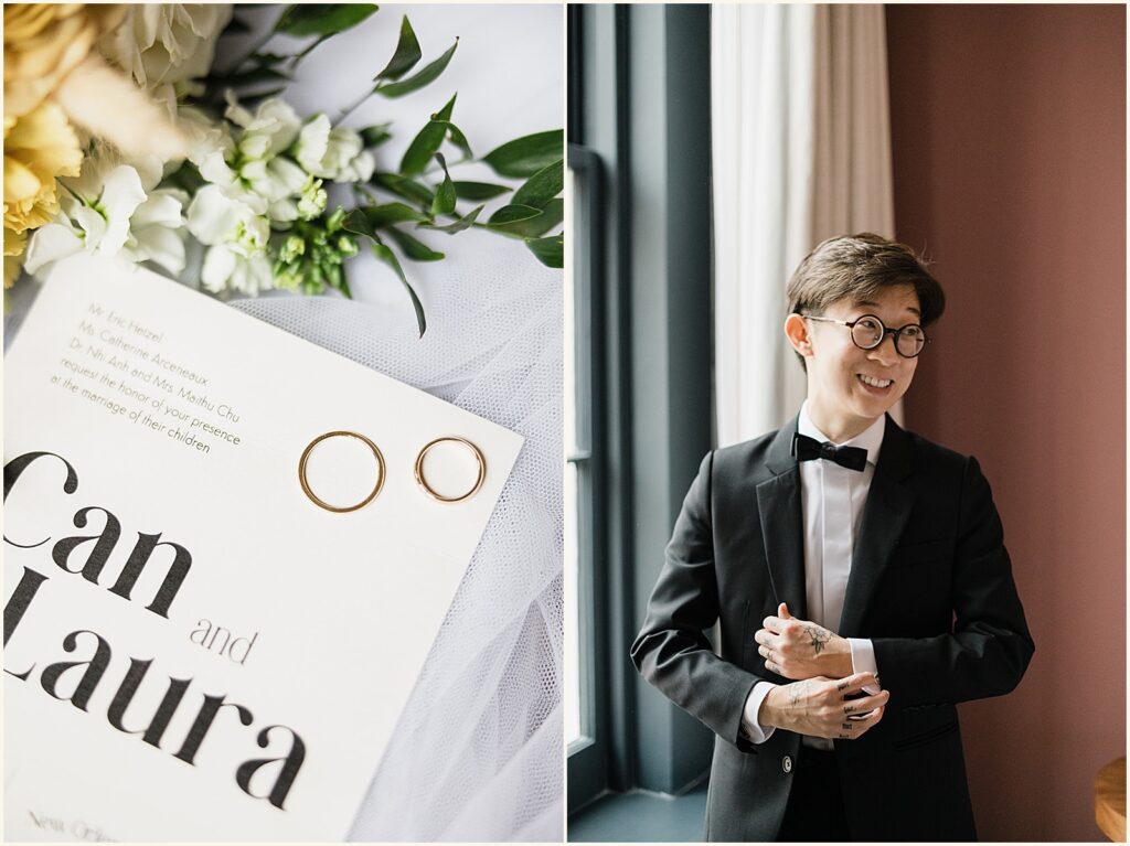 A marrier in a tux poses beside a window in a New Orleans wedding venue.