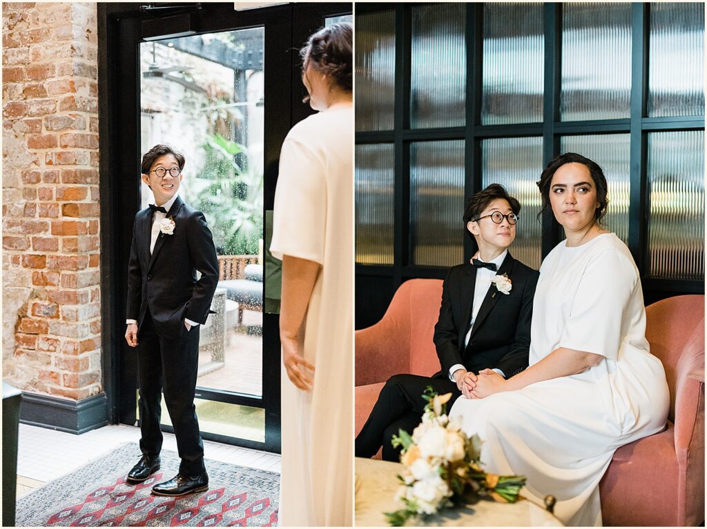 A wedding couple sits on a couch in the lounge of the New Orleans Athletic Club.