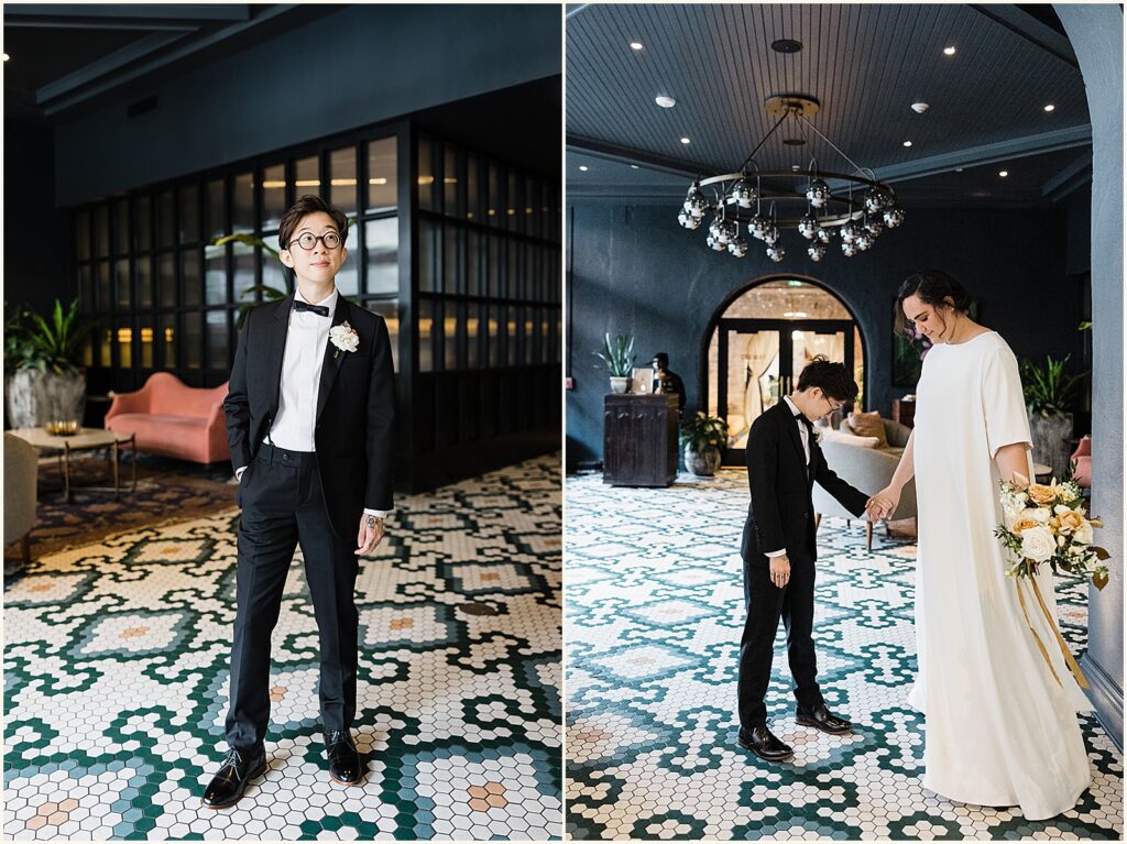 Two marriers hold hands in the tiled lobby of the New Orleans Athletic Club.