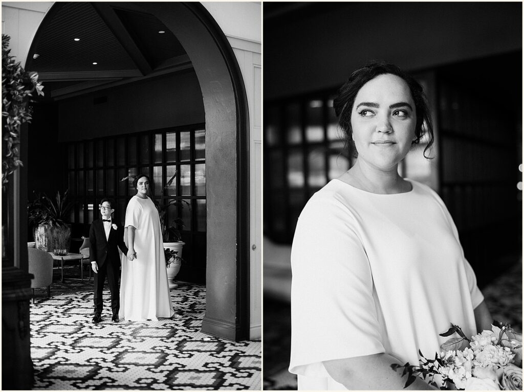 A bride poses for a New Orleans wedding photographer in the lobby of the New Orleans Athletic Club.