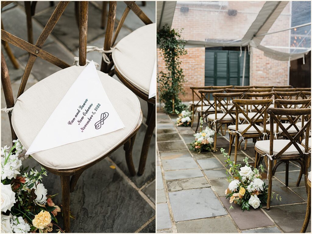 A customized handkerchief sits on a chair before a wedding ceremony at the New Orleans Athletic Club.