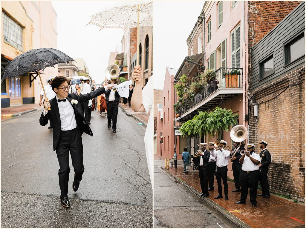 A brass band stands on a sidewalk playing during a wedding second line.