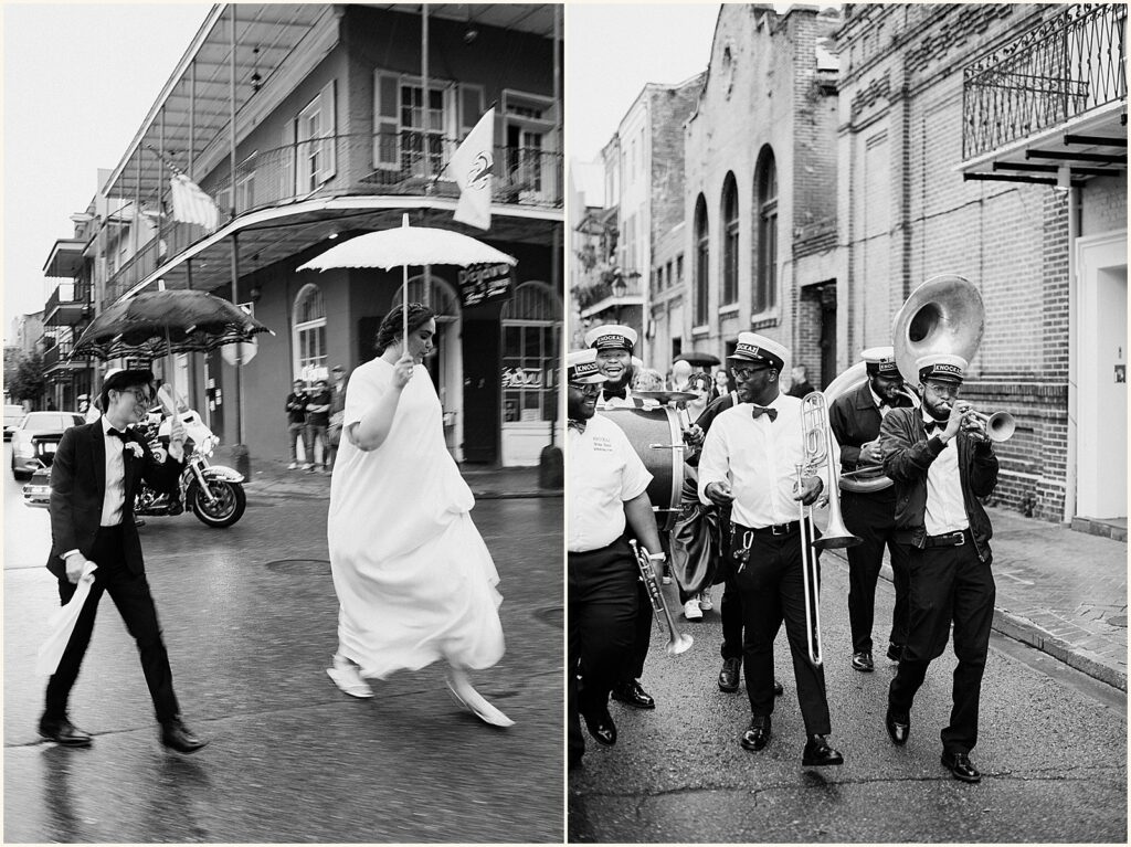 Two marriers lead a second line through the French Quarter.