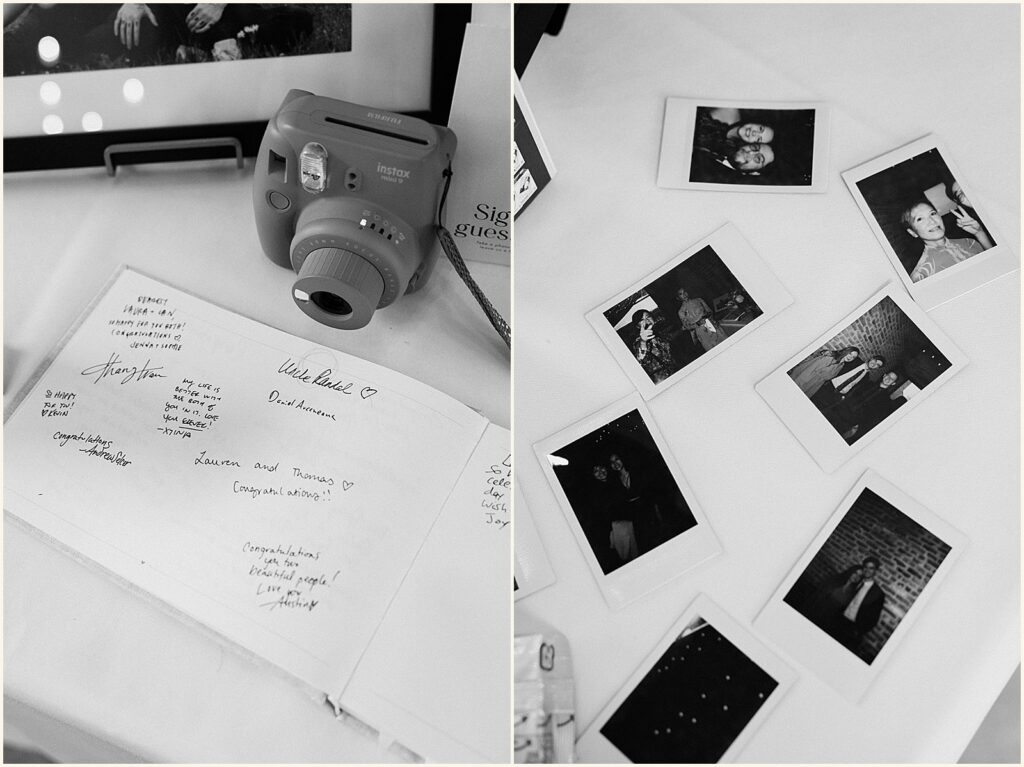 An instax camera sits beside a guestbook.