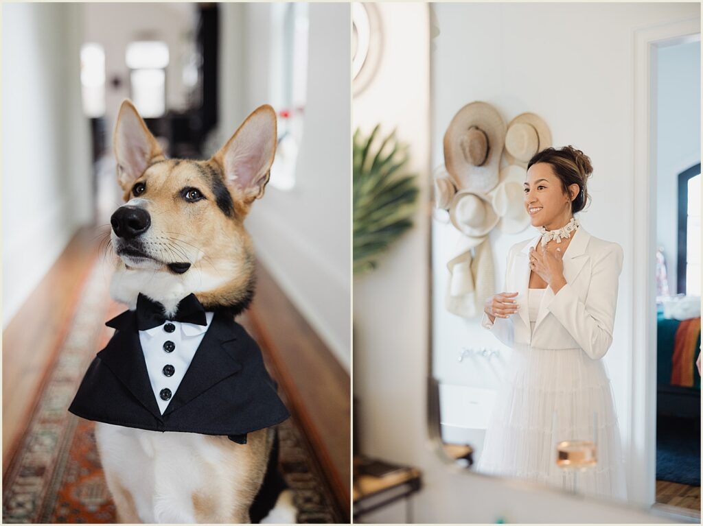 A bride checks her wedding attire in a mirror in her house in New Orleans.