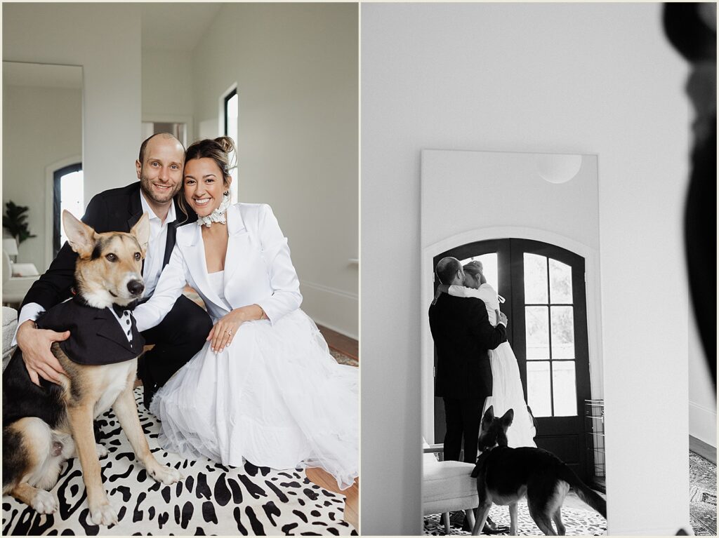 A bride and groom pose with their dog before they elope in New Orleans.