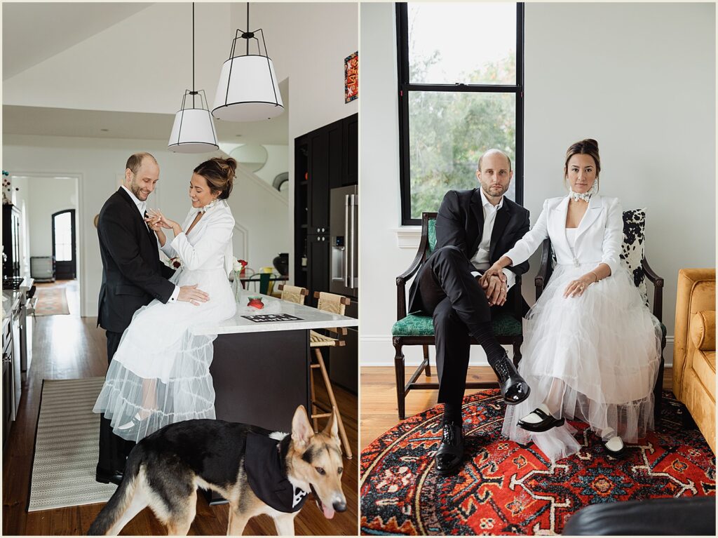 A bride and groom pose in green chairs for a New Orleans wedding photographer.