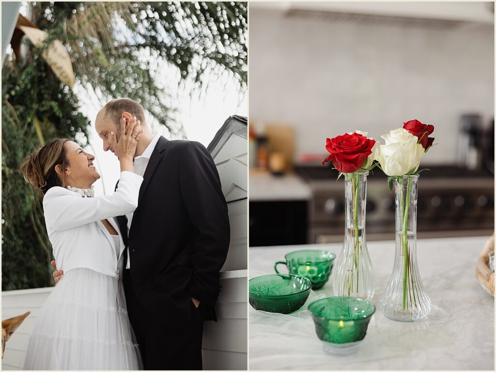 A New Orleans bride takes a groom's face in her hands.