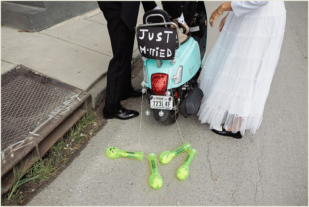 A moped is decorated for a New Orleans elopement.