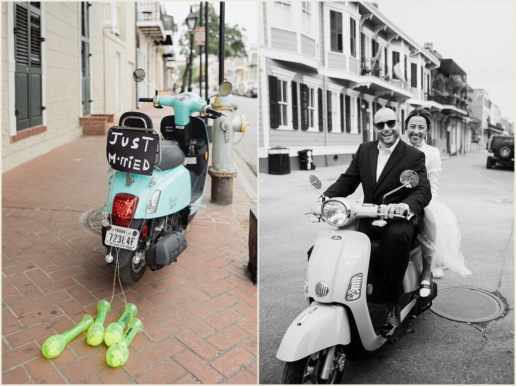 A bride and groom pose for a New Orleans elopement photographer on a moped in the French Quarter.