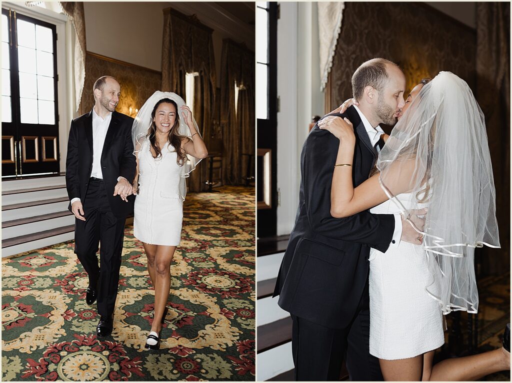 A bride and groom kiss in a hotel lobby before they elope in New Orleans.