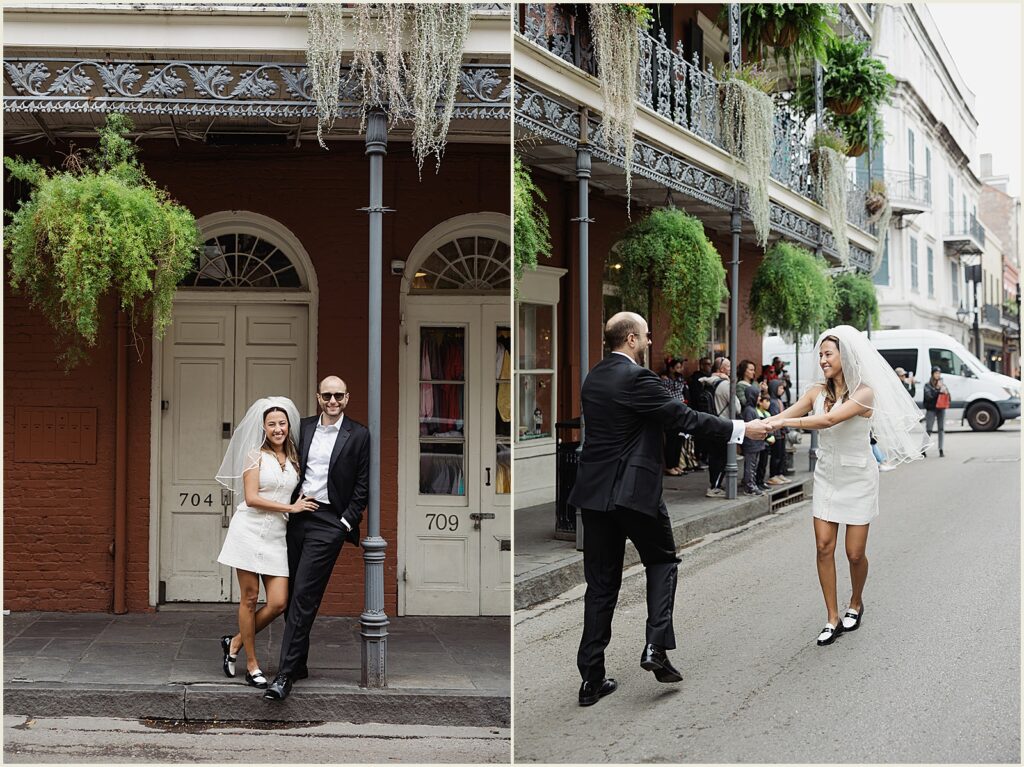 A bride and groom dance in a street at their New Orleans elopement in the French Quarter.
