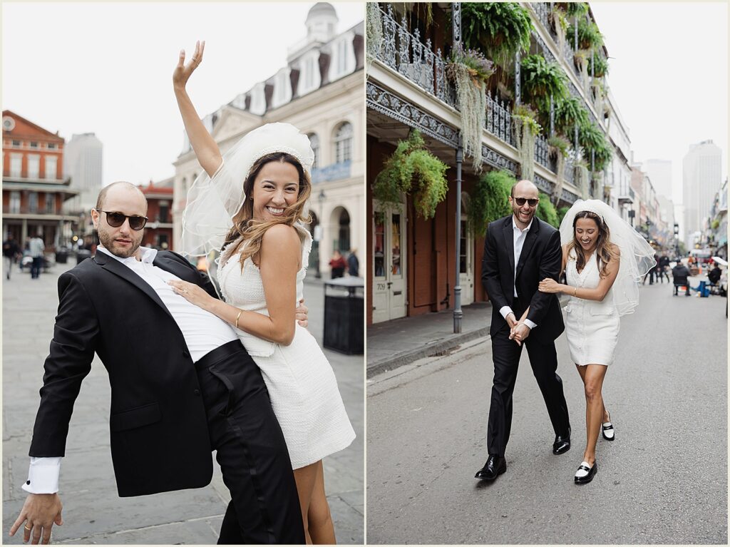 A bride and groom pose for a silly elopement photo at Jackson Square.