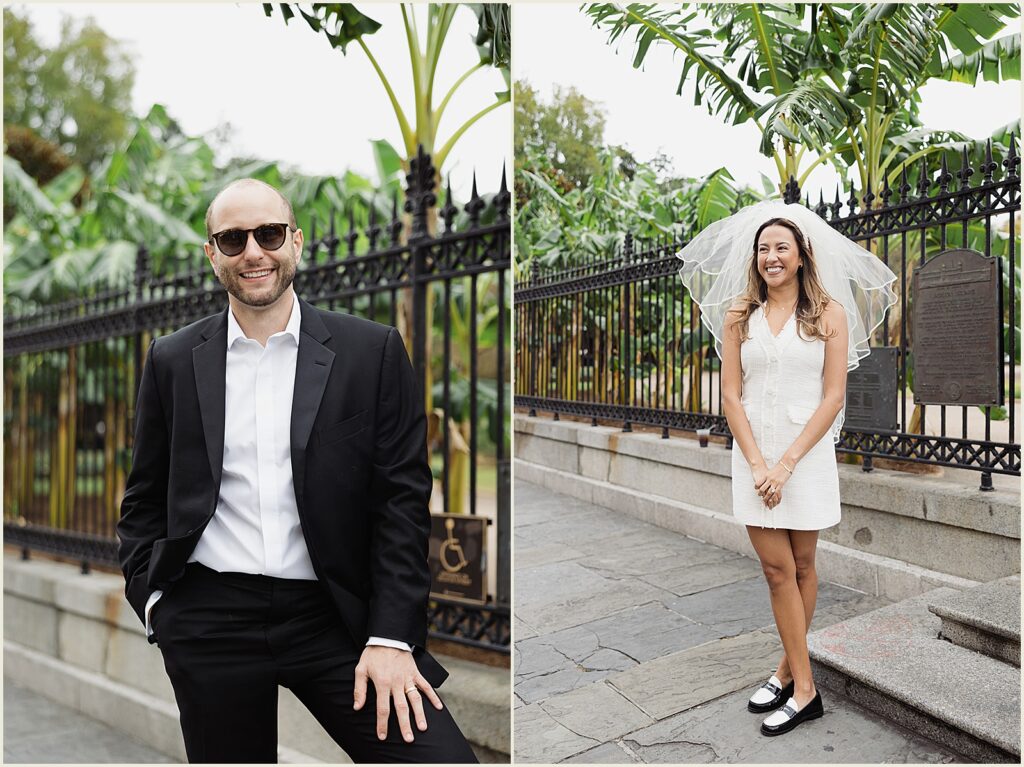 A bride and groom pose for portraits with a New Orleans elopement photographer.