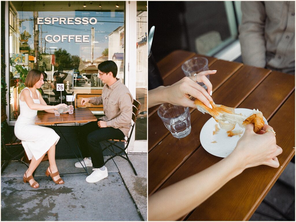 A woman pulls apart a croissant during a New Orleans engagement session.