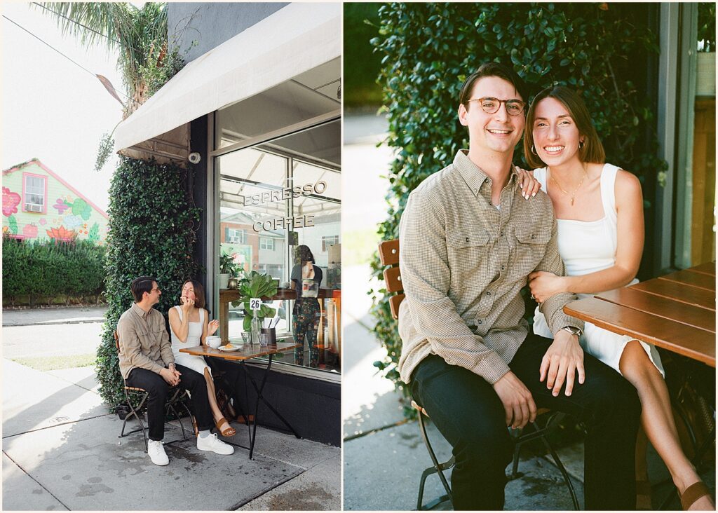 A man and woman sit side by side in Garden District engagement photos.
