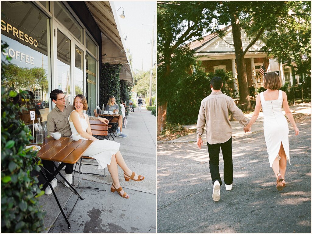 A man and woman hold hands as they cross a Garden District street.
