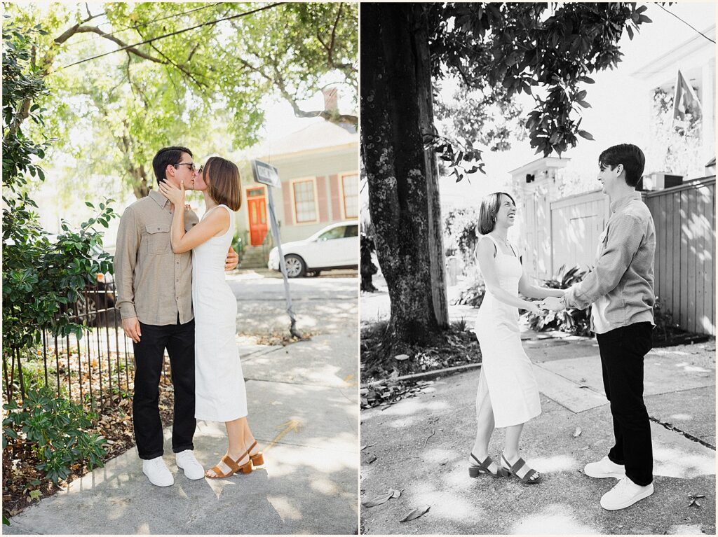 A man and woman kiss in the shade on a Garden District sidewalk.