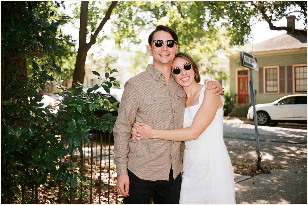 A man and woman. pose for a film engagement photo in New Orleans.