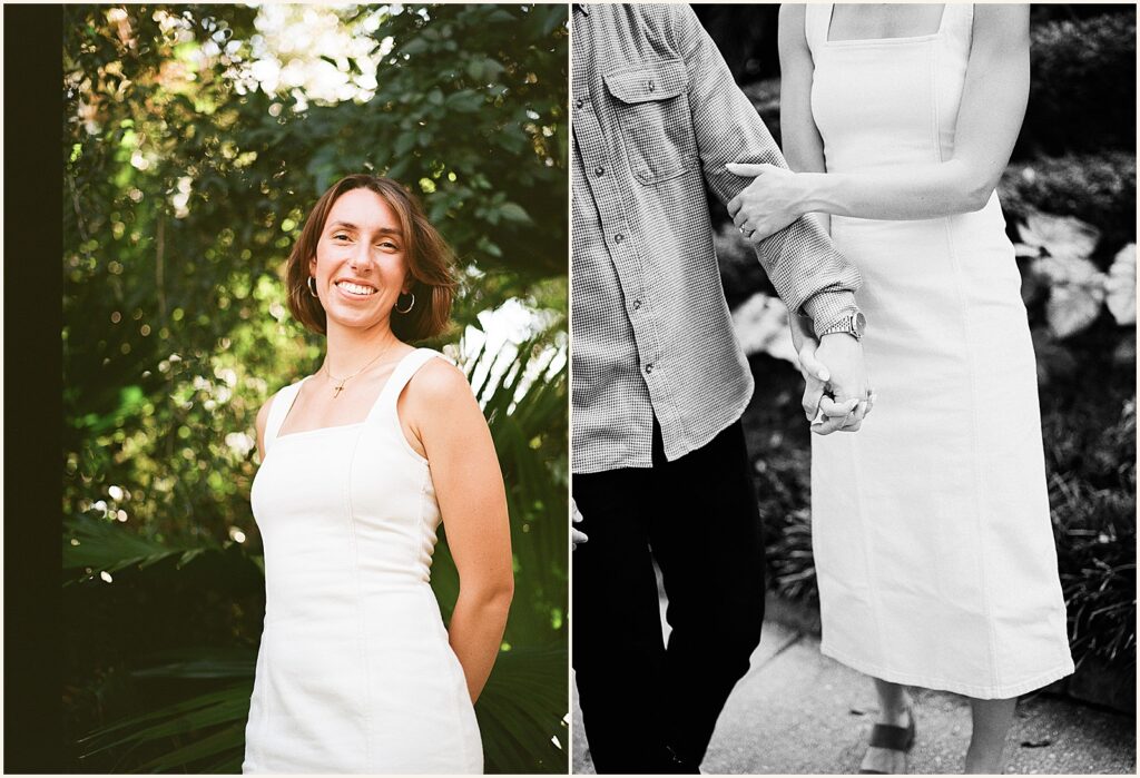 A woman in a white dress poses for Garden District photos.
