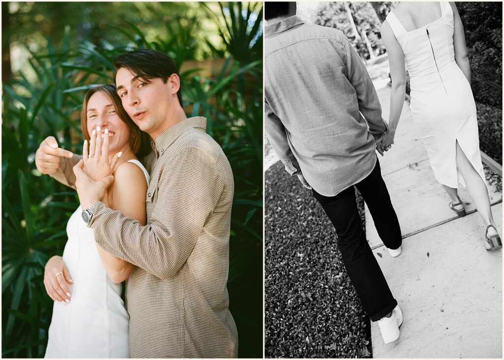 A woman and her fiancee shows off her engagement ring for Garden District photos.