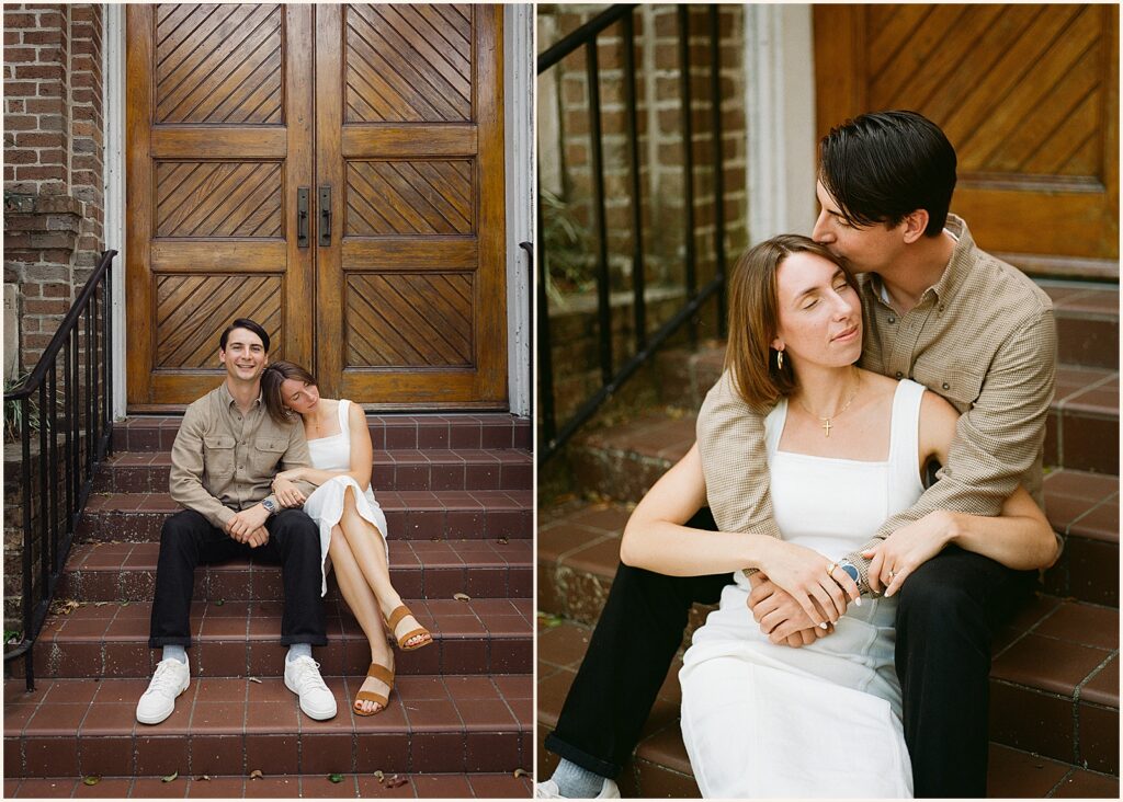 A man kisses a woman on the forehead during a Garden District photo session.