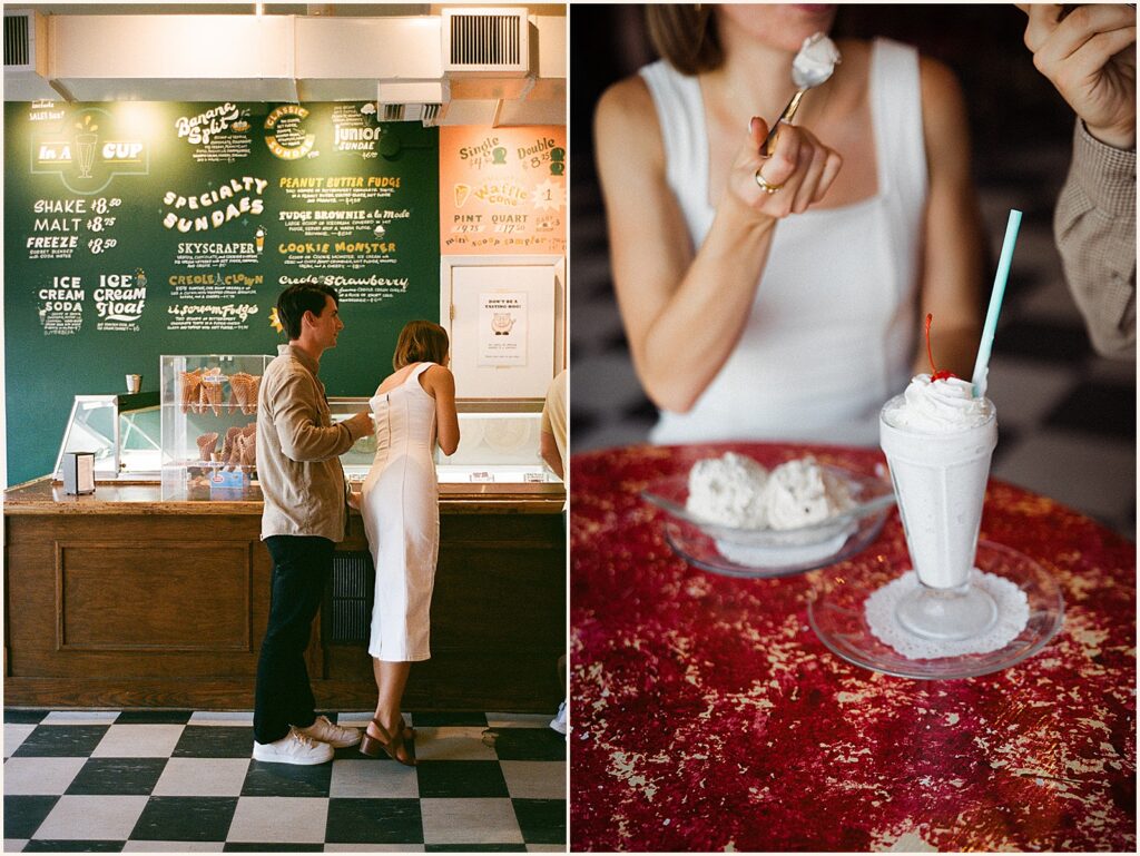 A man and woman look into the case at an ice cream shop during a New Orleans engagement session.