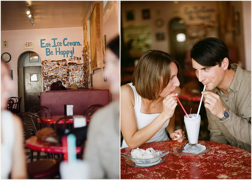 A man and woman sip a milkshake in a Garden District ice cream shop.