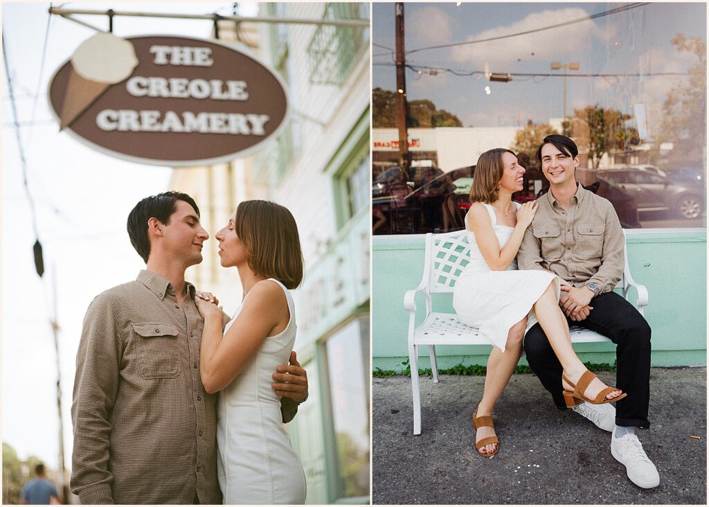 A man and woman sit on a bench in front of an ice cream shop.