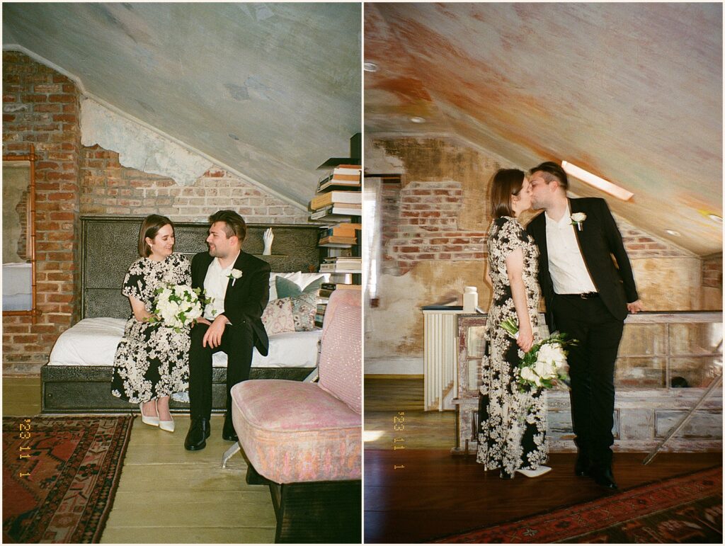 A bride and groom sit on a bed at Race and Religious in New Orleans.