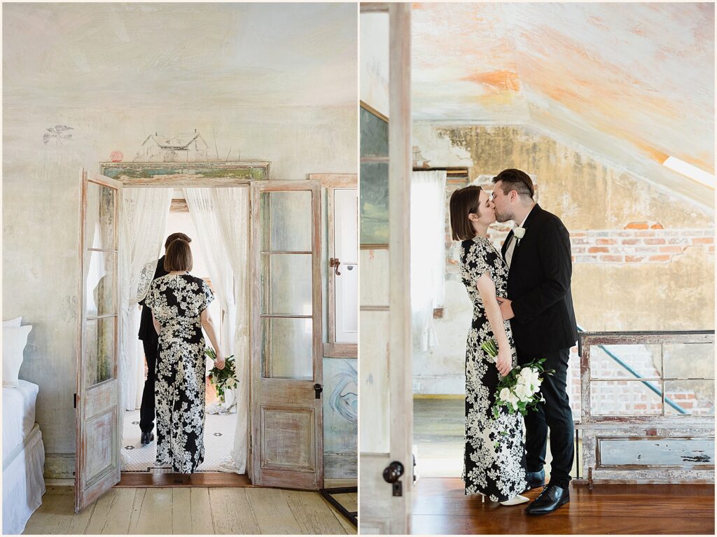 A groom leads a bride through a doorway before their New Orleans elopement.