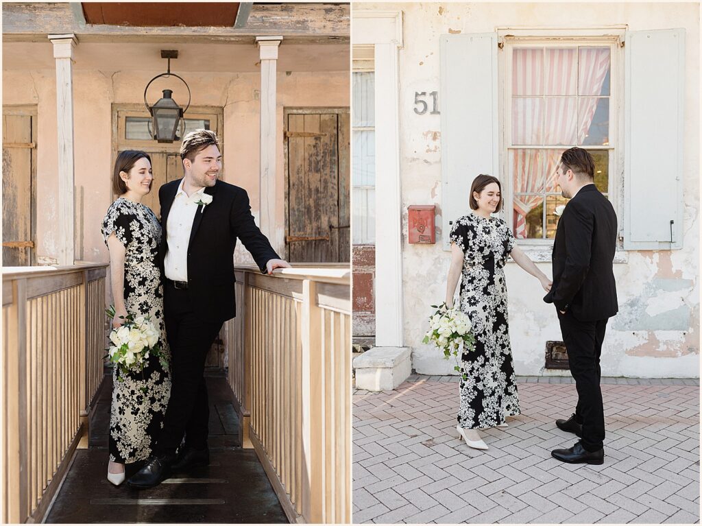 A bride and groom pose for a New Orleans wedding photographer on a bridge.