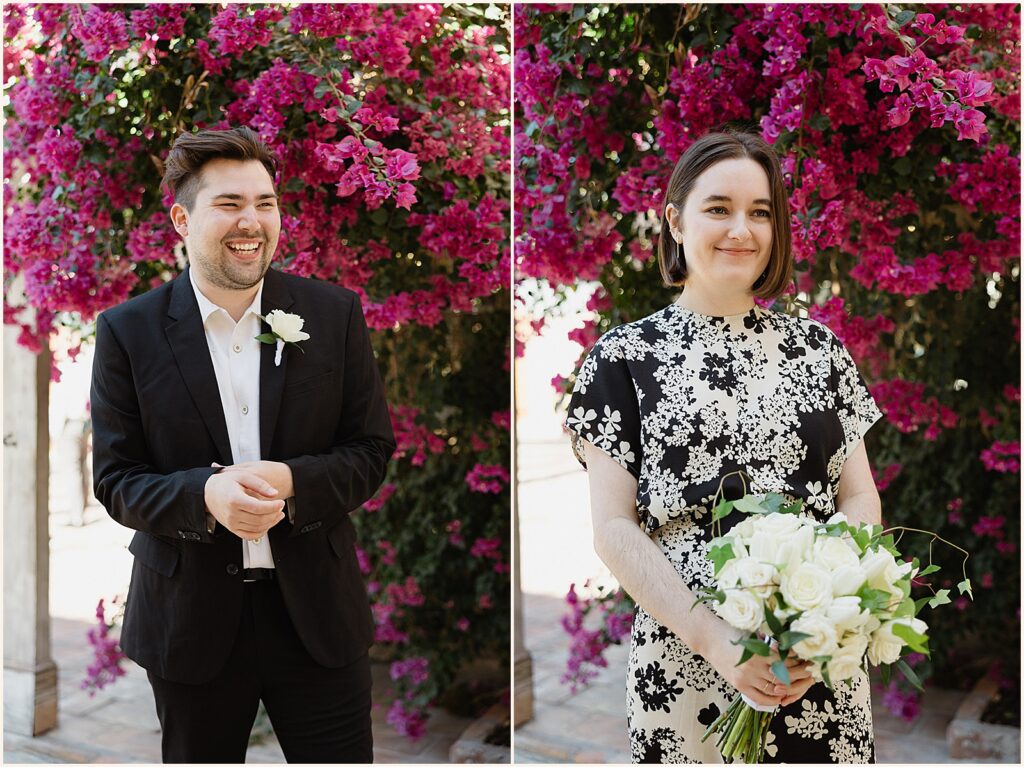 A bride and groom pose for a New Orleans elopement photographer in front of a flowering shrub.