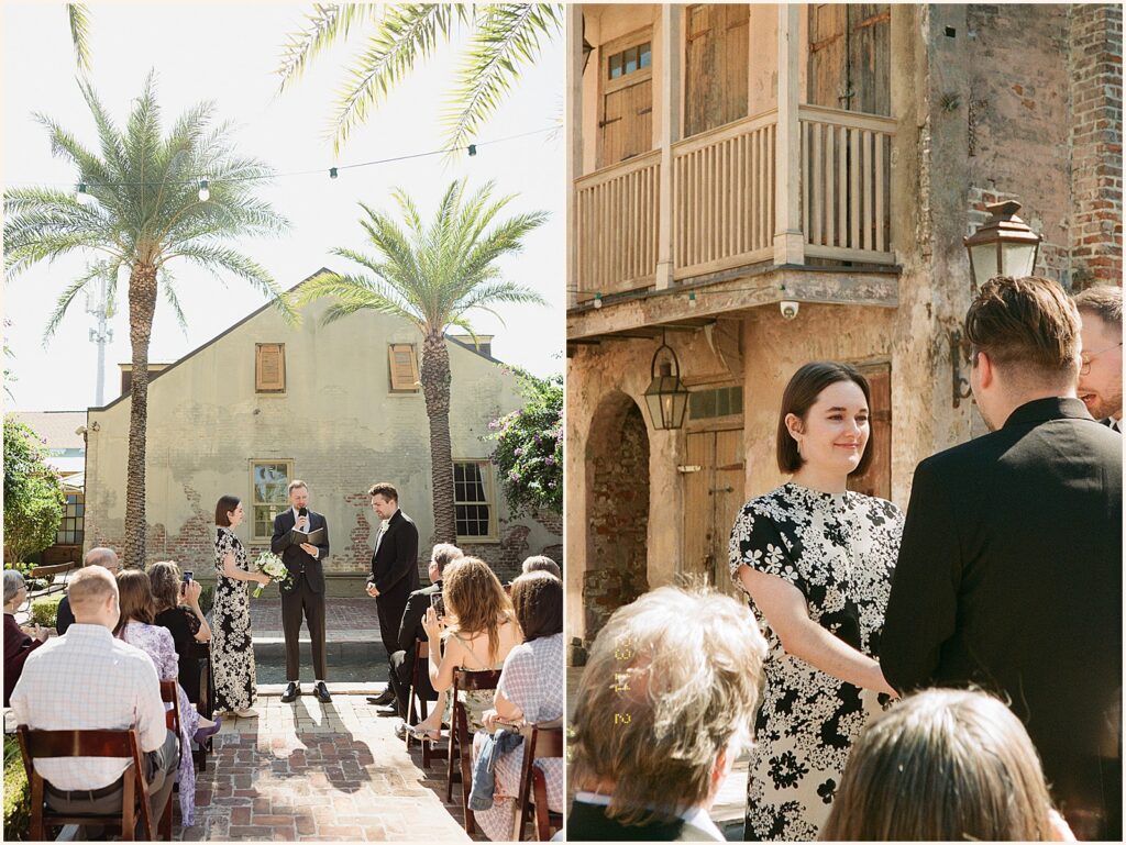A bride and groom stand in front of guests for a New Orleans elopement ceremony at Race and Religious.