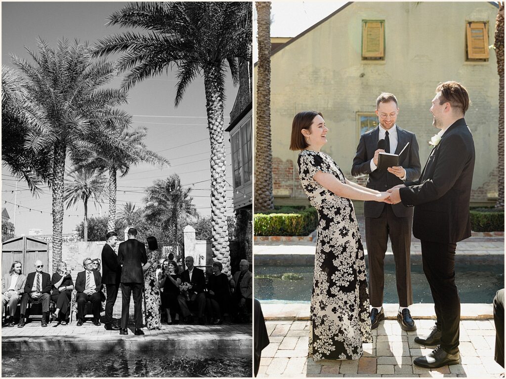 A bride and groom hold hands laughing during an elopement ceremony in the courtyard of Race and Religious.