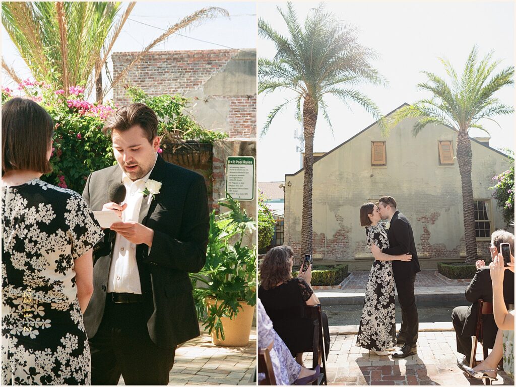 A bride and groom kiss at the end of a New Orleans elopement ceremony outdoors.