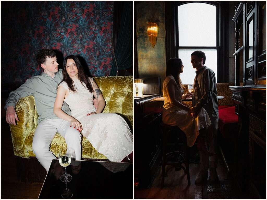A man and woman lean back on a vintage sofa in New Orleans engagement photos.