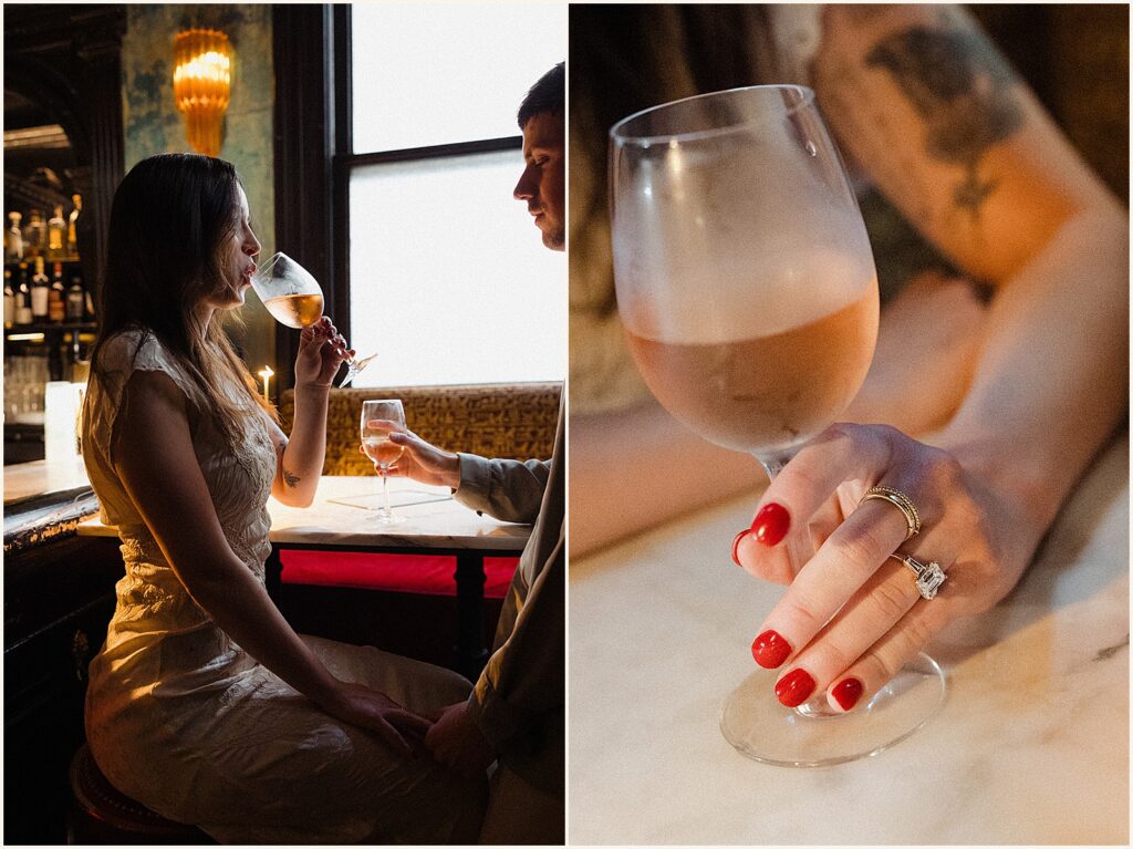 A woman sips a glass of wine at the bar at the Columns Hotel.
