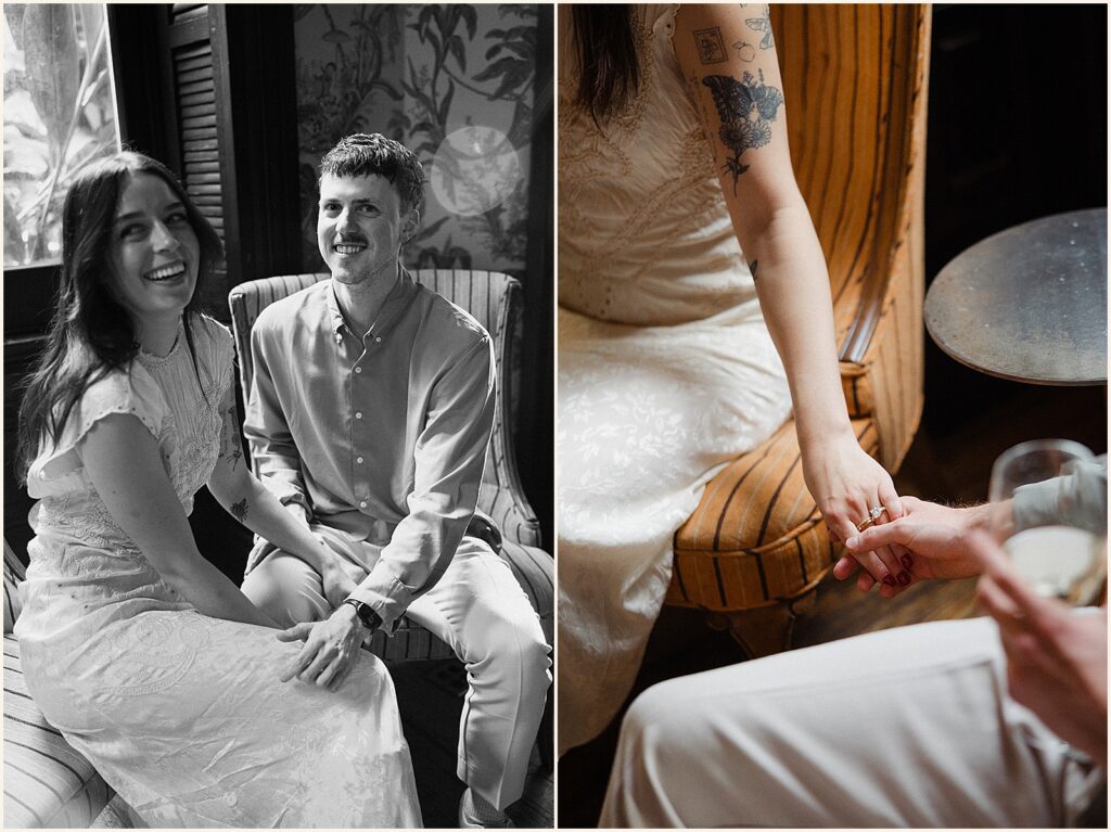 A man and woman hold hands for New Orleans engagement photos.