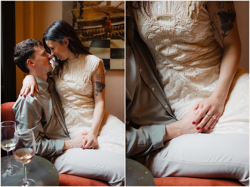 A woman sits on her fiancee's lap in a New Orleans engagement photo.