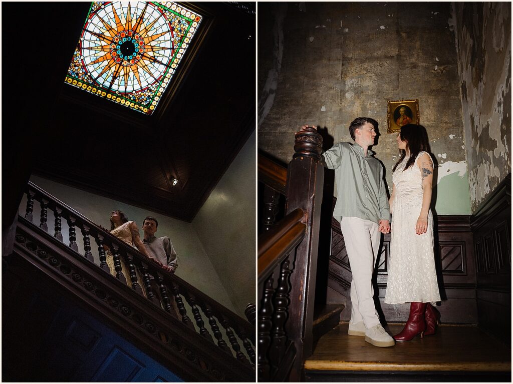 A man and woman stand on the stairwell of the Columns Hotel New Orleans.