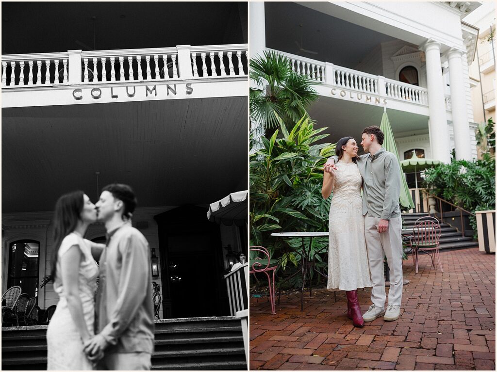 A man and woman pose for a New Orleans photographer in front of the Columns Hotel.