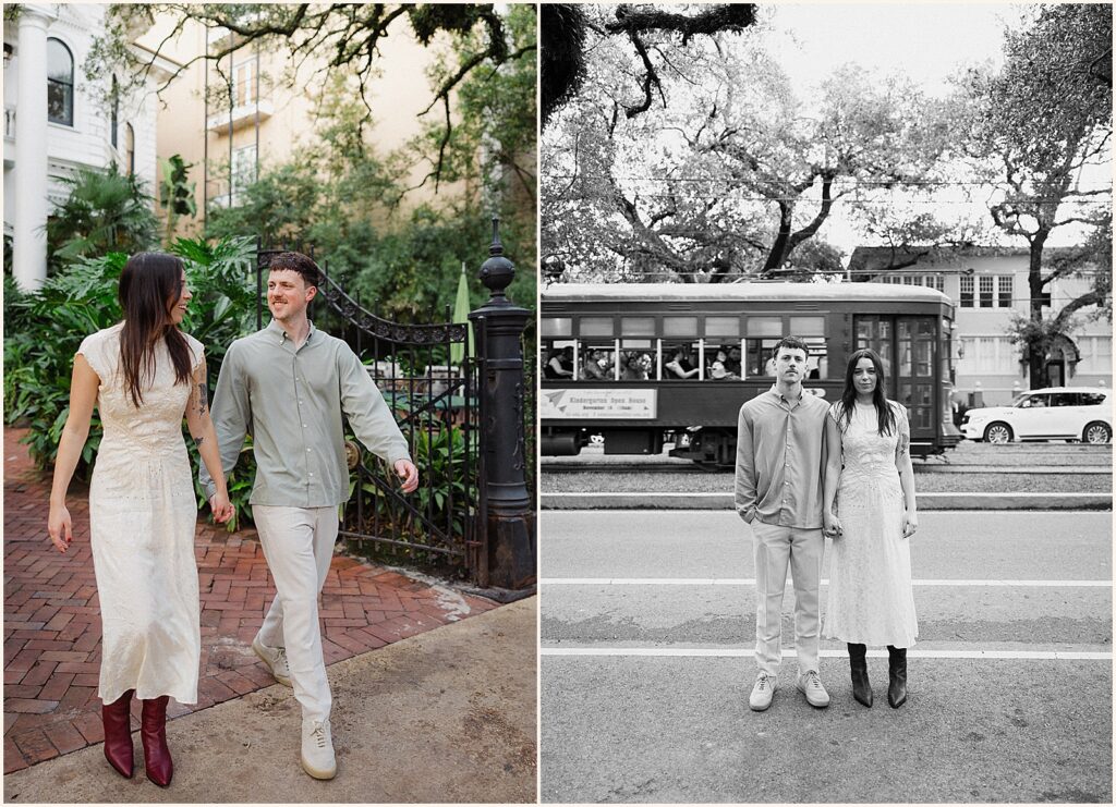 A man and woman pose for New Orleans engagement photos with a streetcar in the background.