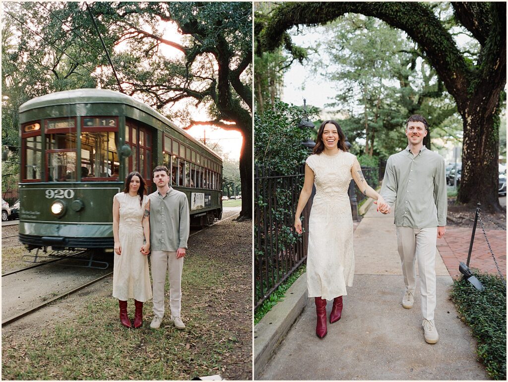 A man and woman walk towards a New Orleans film photographer on a sidewalk.