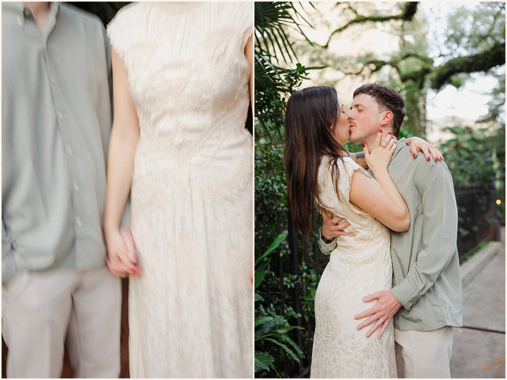 A man and woman kiss in New Orleans engagement photos.