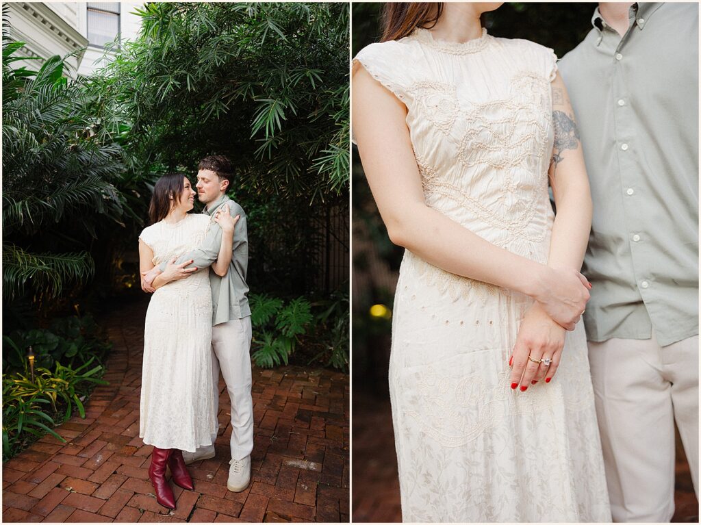 A man puts his arms around his fiancee for a New Orleans engagement photo.